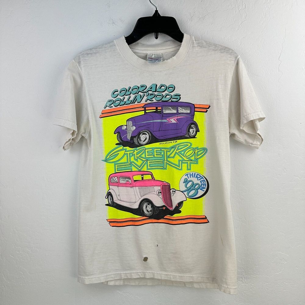 Vintage Hanes Beefy T Mens S Colorado Rolling Street Rod Event 90s‎ Neon Shirt